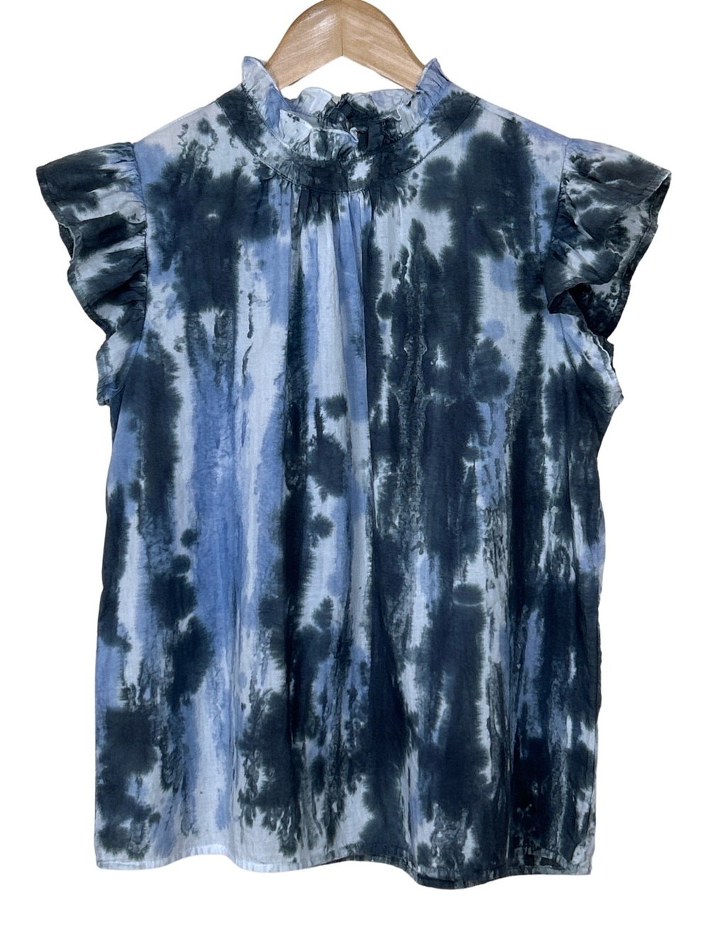THML Tie Dye Ruffle Dennis Cap Sleeve 100% Cotton Boho Blouse - S - Blue, White